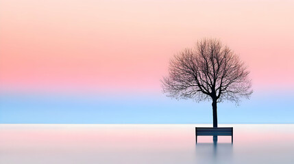 Poster - Silhouette Tree And Bench By Calm Water At Sunrise Or Sunset