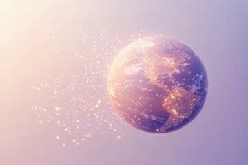 a glowing earth at night, illuminated cities, particles radiating from it, pastel colors.