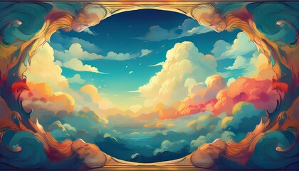 creative beautiful border frame of old style cloudscape, cloudy sky background vintage, grunge style