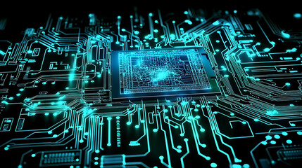 Poster - Abstract Circuit Board Design With Glowing Blue Lines