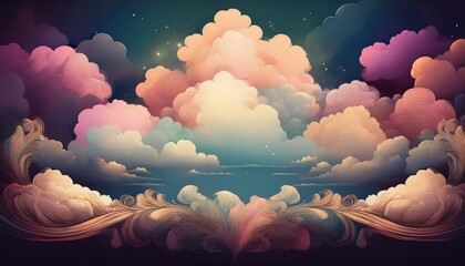 creative beautiful border frame of old style cloudscape, cloudy sky background vintage, grunge style