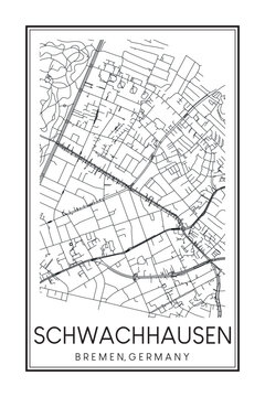 Hand drawn printable downtown road map poster of borough SCHWACHHAUSEN of the German city of BREMEN on solid white background with city name