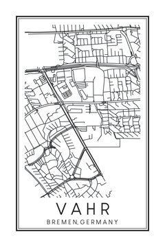 Hand drawn printable downtown road map poster of borough VAHR of the German city of BREMEN on solid white background with city name
