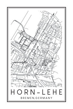 Hand drawn printable downtown road map poster of borough HORN-LEHE of the German city of BREMEN on solid white background with city name
