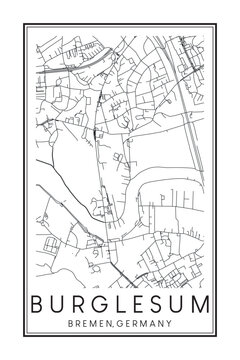 Hand drawn printable downtown road map poster of borough BURGLESUM of the German city of BREMEN on solid white background with city name