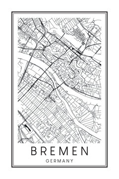 Hand drawn printable downtown road map poster of the German city of BREMEN on solid white background with city name