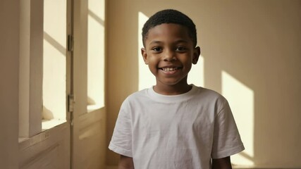 Poster - A young boy stands in front of a window with a curious expression.