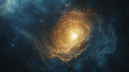 Wall Mural - A glowing spiral galaxy radiates intense golden light, surrounded by dark blue cosmic gas and dust in deep space.
