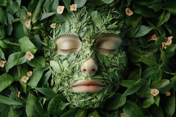 Aufkleber - Harmony of nature and humanity in a face crafted from leaves and petals