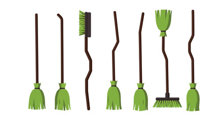 Poster - Various broom designs featuring green bristles in flat vector illustration style