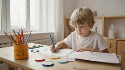 Poster - A young boy sits at a table with a pencil and paper, focused on his math homework.