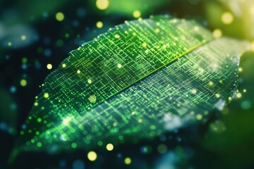 Aufkleber - Green leaf transforming into digital pixels, illustrating the connection between nature and technology
