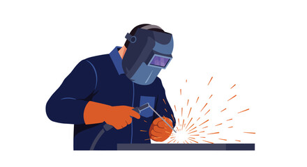 Poster - Welder with protective gear performing welding in flat vector art illustration