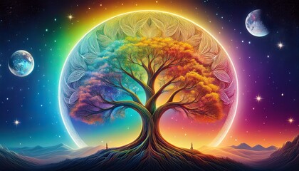 Wall Mural - Tree of Life in the shape of the Planets rainbow in the Night Skyline 
