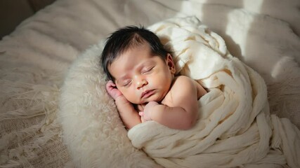 Aufkleber - A baby sleeps peacefully wrapped in a soft blanket on a cozy bed.