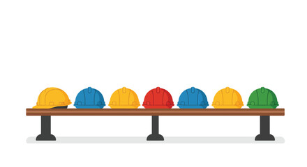 Poster - Colorful hard hats displayed on a table in flat design vector art