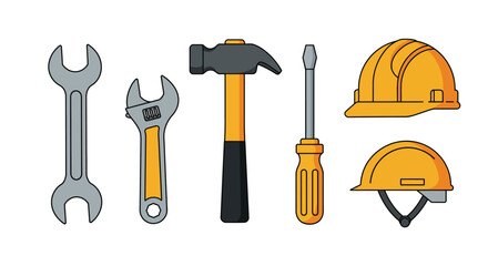 Poster - Tools including wrench, hammer, screwdriver, and helmet in flat vector illustration