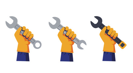 Poster - Hand holding different wrenches in flat style vector illustration