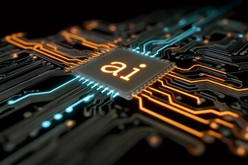 Leinwandbilder - Artificial intelligence chip glowing on circuit board, futuristic technology