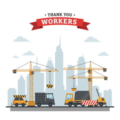 Poster - Construction site scene with cranes and vehicles in flat vector art style