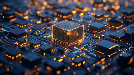 Poster - Abstract Circuit Board With Glowing Chip