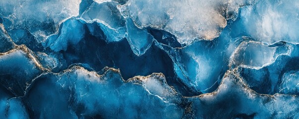  A dramatic aerial view of a glacier with deep blue crevasses cutting through the ice. 