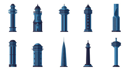 Poster - Various tower designs in blue tones with detailed vector illustration style showcasing architectural diversity vector art
