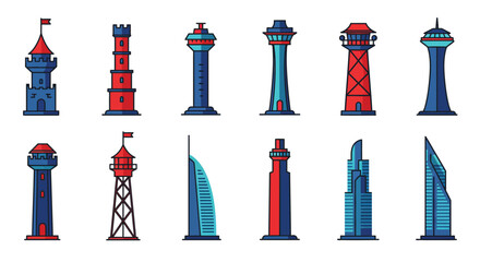 Poster - Tower designs in various styles and heights in flat vector art