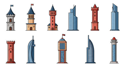 Poster - Tower designs in flat style showcasing various architectural structures in vector art