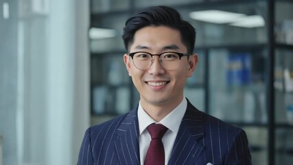 Poster - A businessman stands confidently in front of a large glass wall, possibly an office or corporate setting.