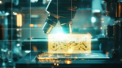 Poster - Advanced Robotic Arm Manipulating Microchip in Futuristic Laboratory Environment with High-Tech Technologies