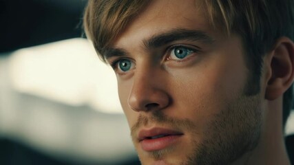 Fototapete - Portrait of a young adult with bright blue eyes, ideal for personal or professional use.