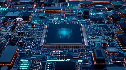 Poster - Complex Circuit Board Design With Glowing Blue Lines