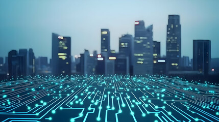 Poster - Cityscape At Night With Glowing Circuit Pattern