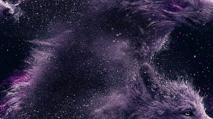 Wall Mural - close-up of a wolf's face on a black background with purple and white paint splatters