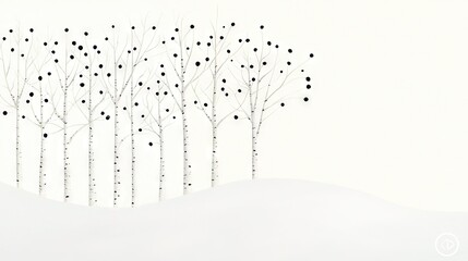 Wall Mural -   A monochromatic depiction of trees enshrouded in snow, featuring black dots adorning the branches and a serene landscape beneath