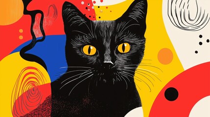 Poster - Black cat with striking yellow eyes in vibrant abstract background design showcasing various shapes and colors
