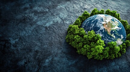 Poster - Minimal earth outline surrounded by lush miniature trees on a clean artistic background emphasizing environmental harmony and sustainability