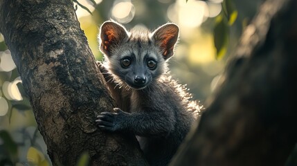 close up of a cute lemur clinging to a tree branch looking directly at the camera in the forest