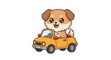 Cute Puppy Cartoon Vector – Funny Dog Pet Illustration with Car, Isolated on White