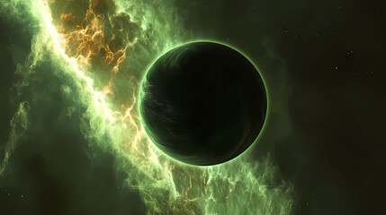 Wall Mural - a dark planet is shrouded in the mysterious, glowing aura of a green nebula, nebular clouds, space. 