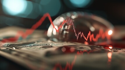 Poster - Financial analysis displayed over a dollar bill with graph trends showcasing market fluctuations in a dim environment