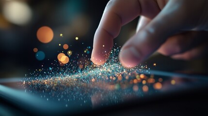Poster - Engaging interaction with a digital screen creating vibrant particles in a dark environment