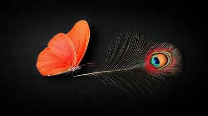 Wall Mural -   A close-up of a peacock's tail feathers show vibrant oranges, while its tail itself glimmers with a striking shade of blue