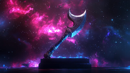 Wall Mural - Product display on podium against celestial background with stars and nebula. Celestial Waraxe. Illustration