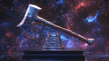 Wall Mural - Product display on podium against celestial background with stars and nebula. Celestial Waraxe. Illustration