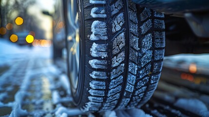 Wall Mural - Winter Tire Closeup, Snowy Road Background of excellence in splendor beyond compare with grace