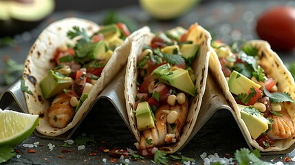 Wall Mural - Delicious Grilled Fish Tacos with Avocado Salsa of excellence in splendor beyond compare with grace