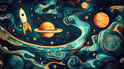 Wall Mural - a whimsical illustration of outer space featuring planets, stars, and a rocket amidst swirling patte