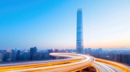 Aufkleber - 夕暮れの空にそびえる近代的な高層ビルと高速道路の都市景観